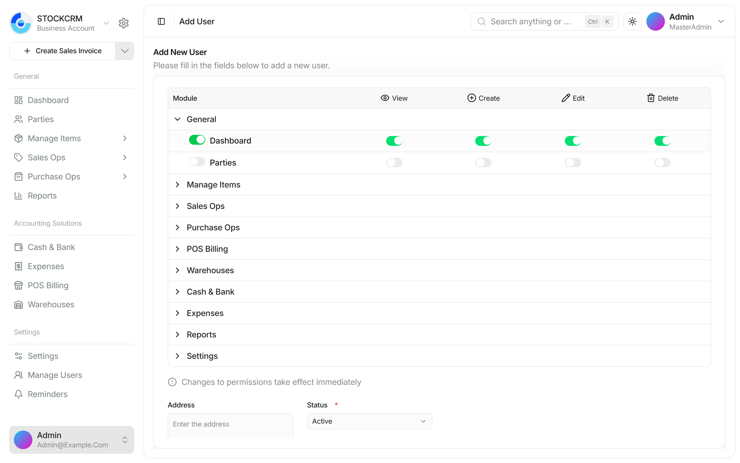 Create new party form with role-based access