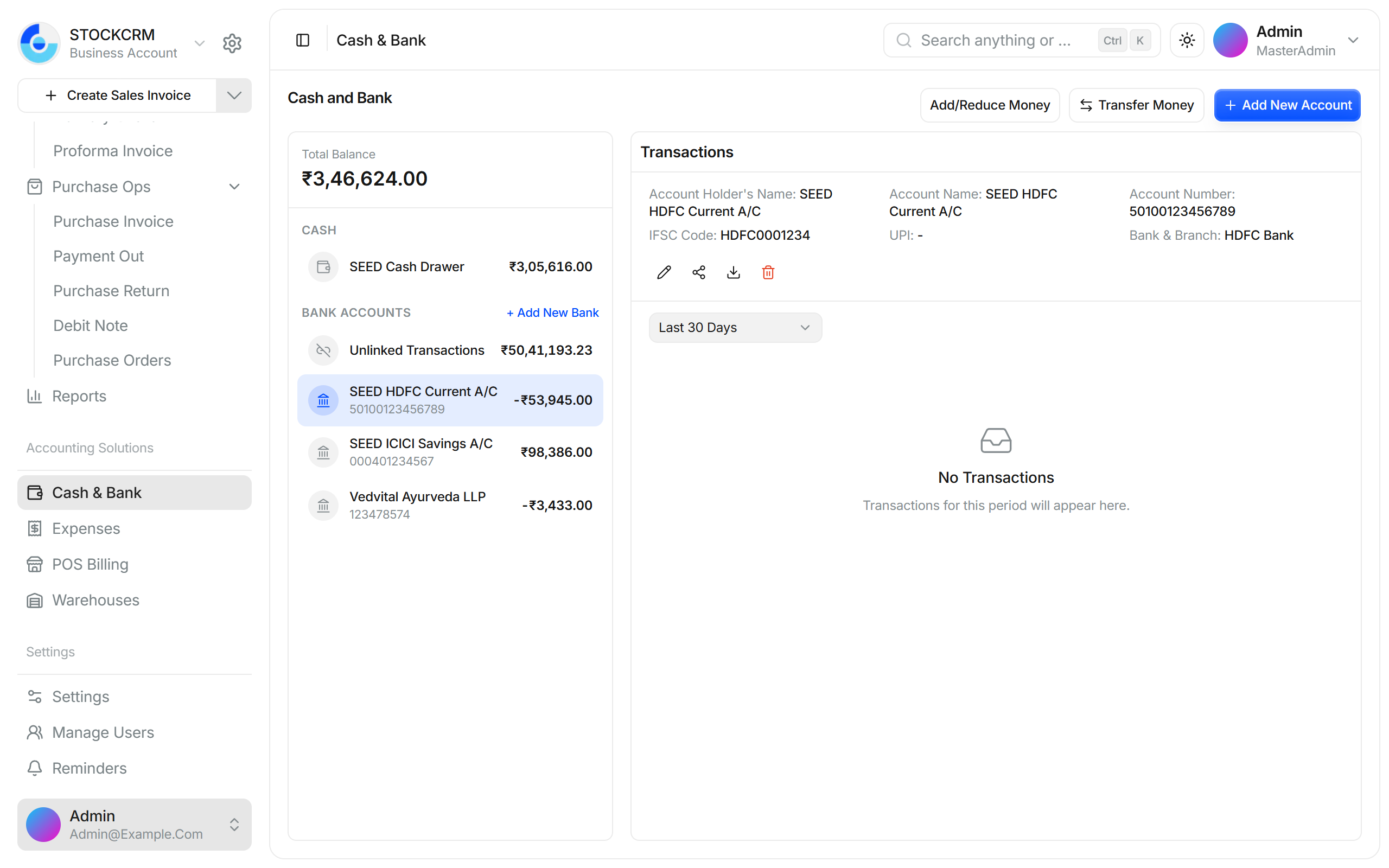 Cash and bank showing transactions and balance