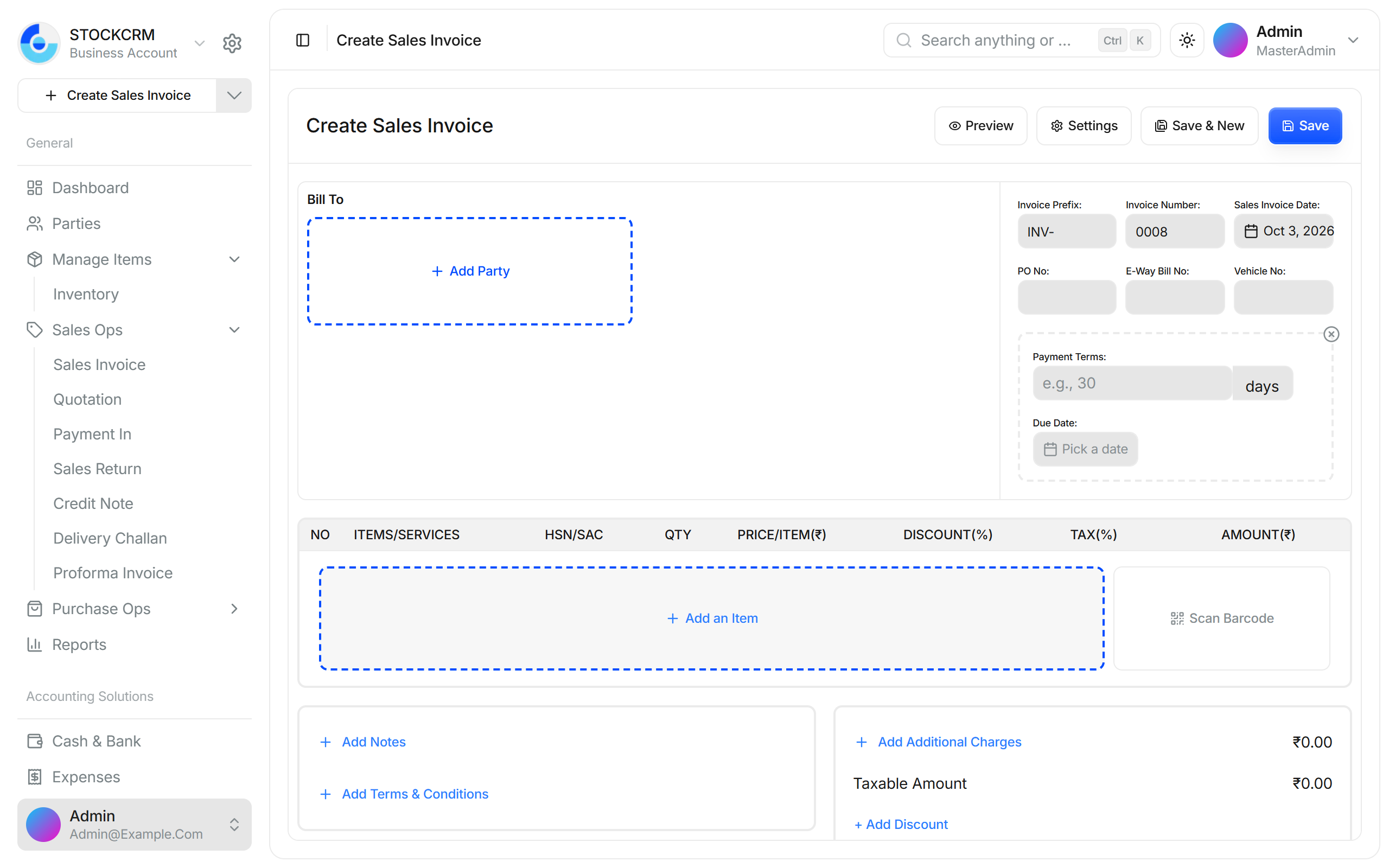 Create sales invoice with party and item selection