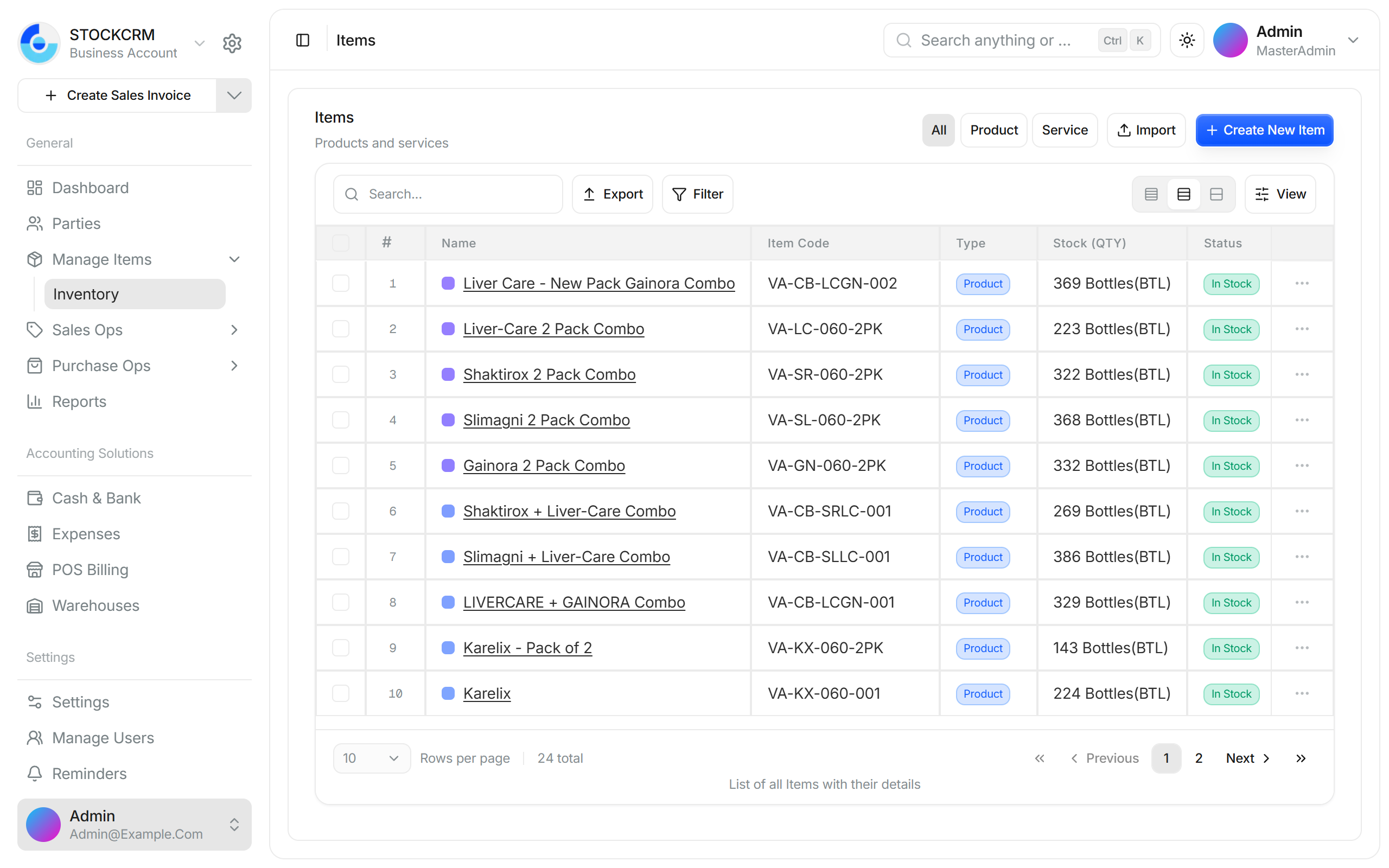 Items list showing products and services