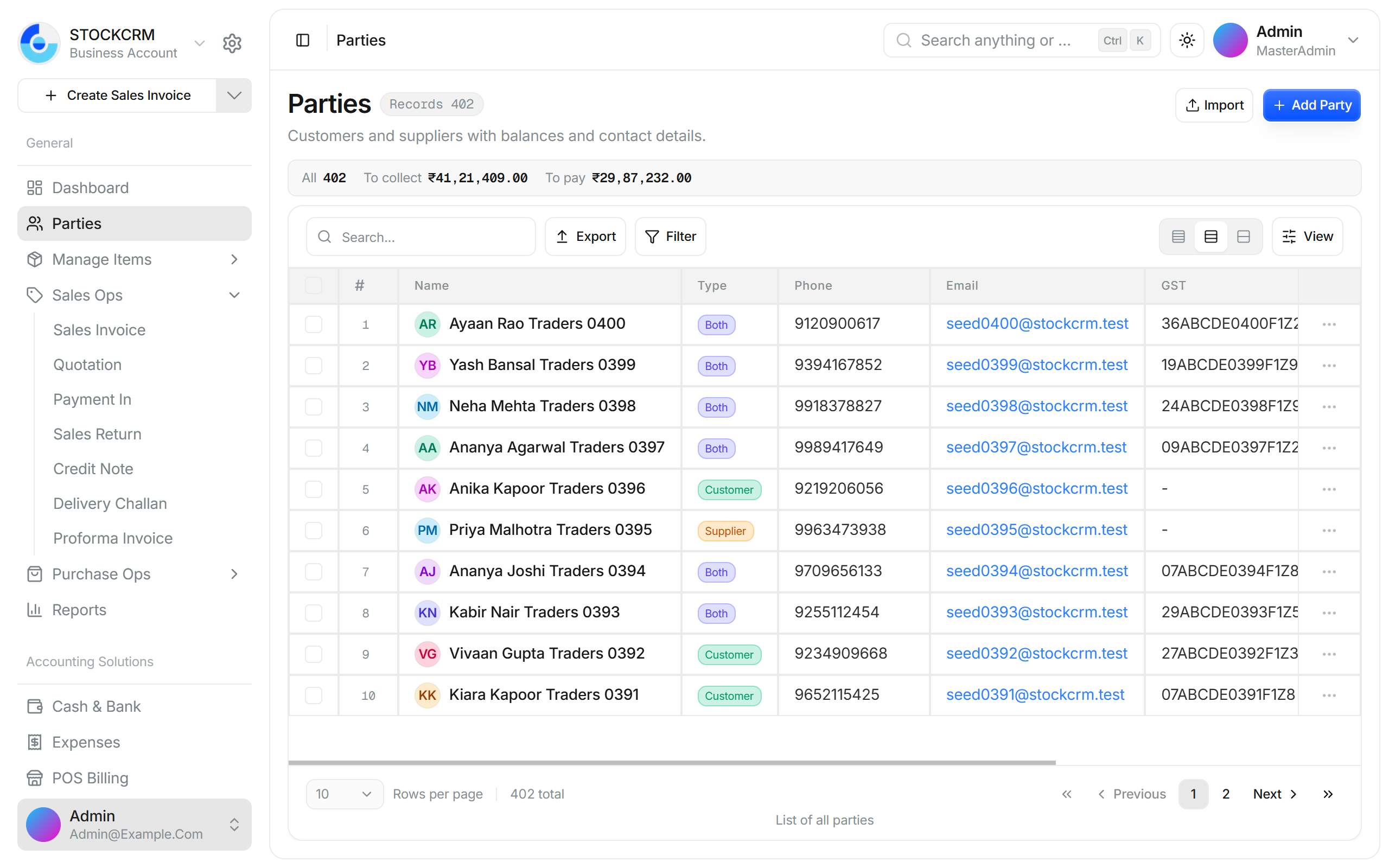 Items list showing data records